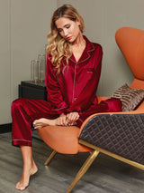 [Wine] SilkSilky-CA Long Sleeve Lapel Collar Women's Pajamas 008