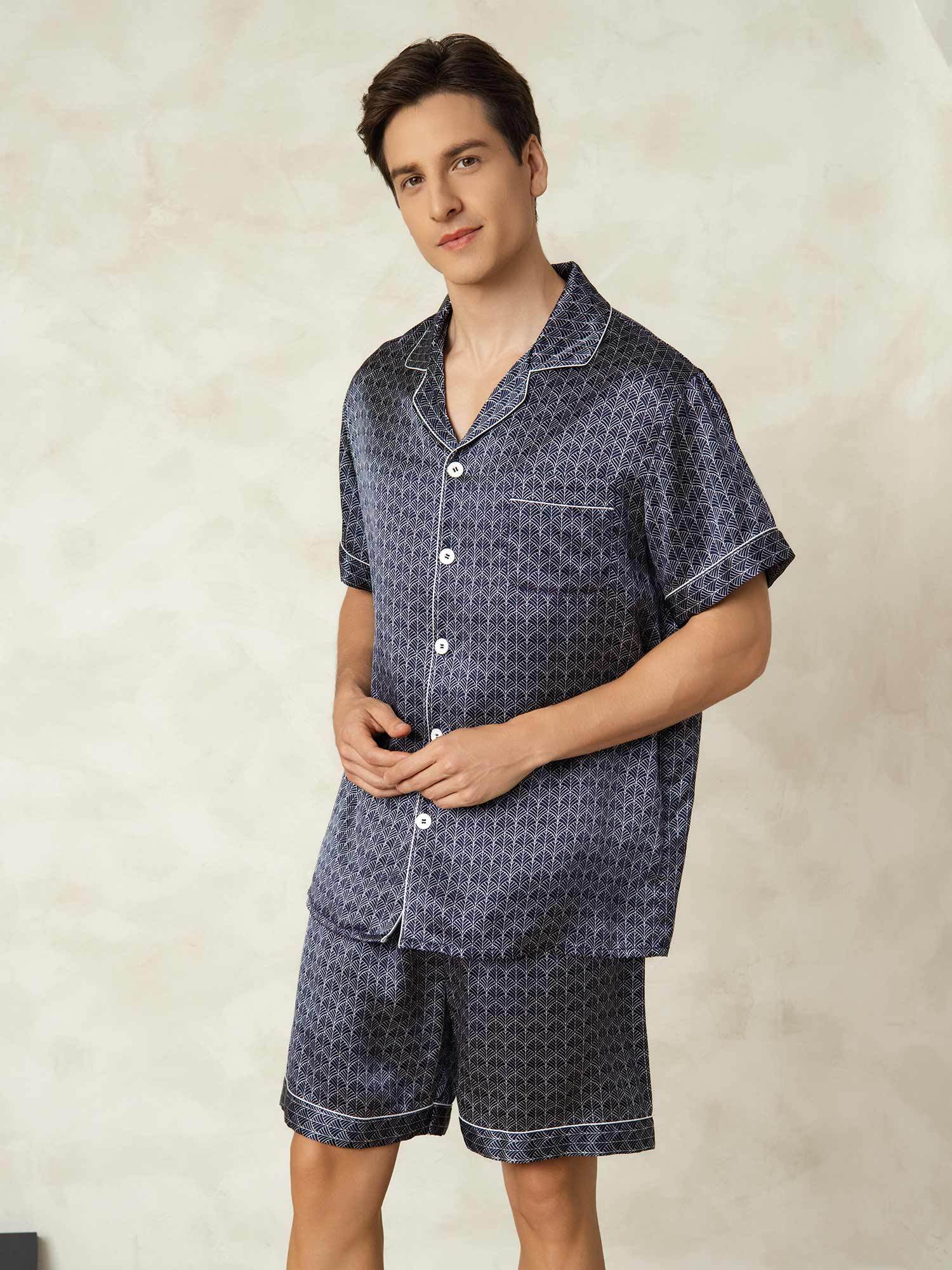 [NavyGinkgo] SilkSilky-CA Pure Silk Lapel Collar Men's Pajamas 003