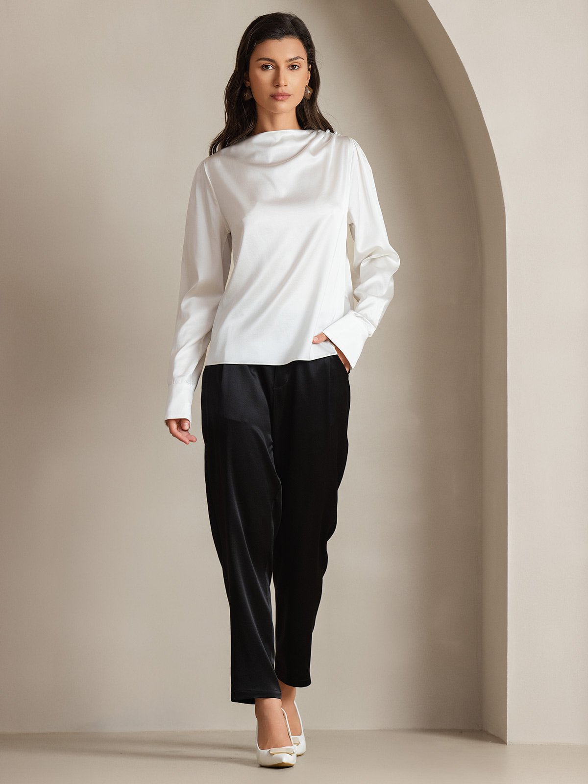 [White] SilkSilky-CA 19Momme Silk Boat Neck Women's Shirt 007