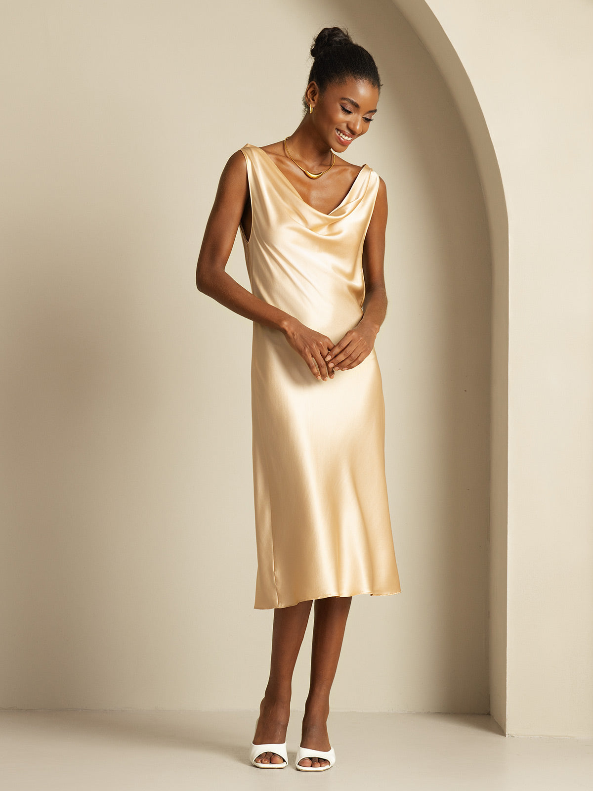 [Champagne] SilkSilky-CA 19Momme Silk Cowl Neck Dress 008