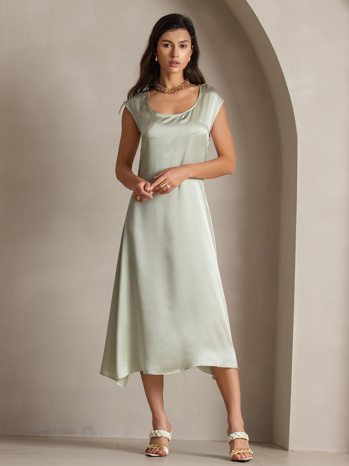 SilkSilky-CA 19Momme Silk Sleeveless Round Neck Dress LightGreen 005