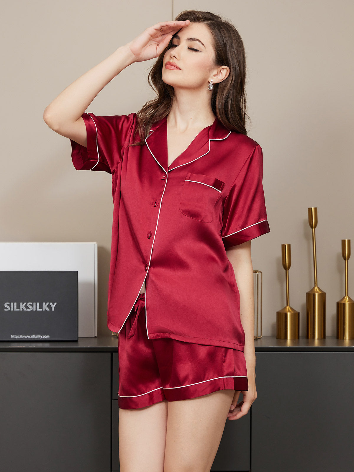 SilkSilky-CA Pure Silk Short Sleeve Lapel Women's Pajamas Wine 004