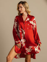 [Dark Red] SilkSilky-CA 19Momme Long Sleeve Notch Collar Nightshirt 005
