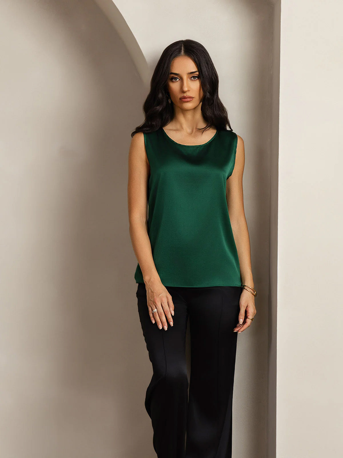 [Dark Green] SilkSilky-CA 19Momme Silk Round Neck Camisole 003