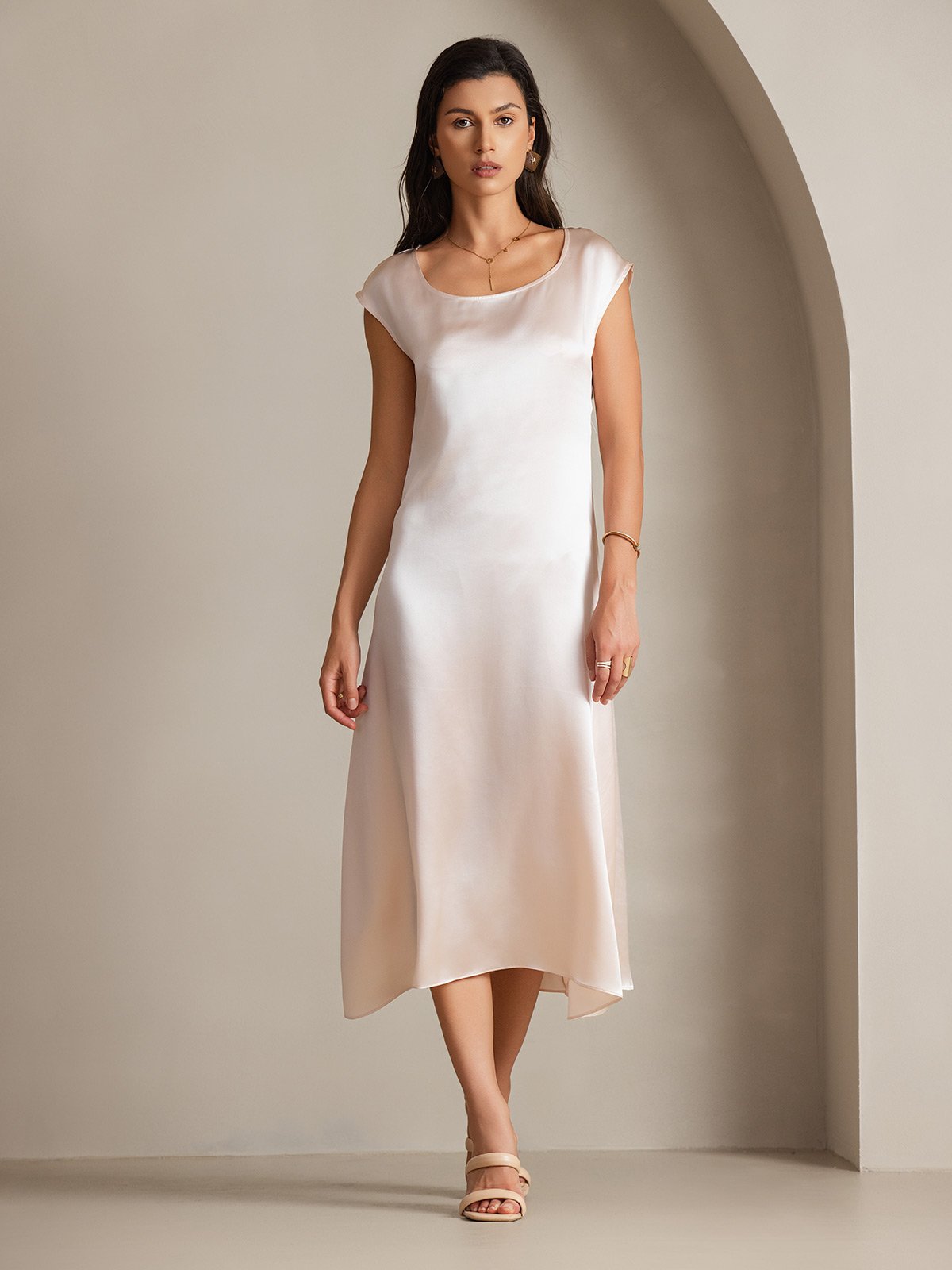 [Pink] SilkSilky-CA 19Momme Silk Cap Sleeve Round Neck Dress 001