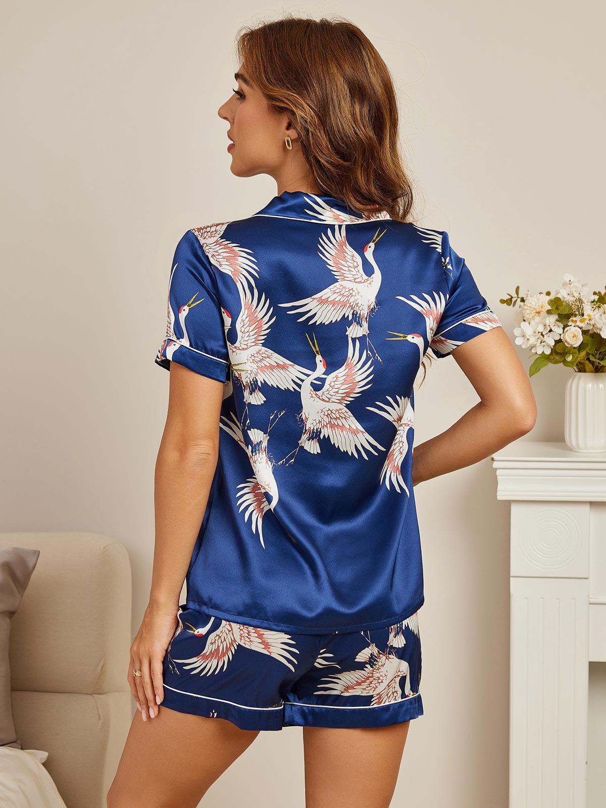 [Dark Blue] SilkSilky-CA Short Sleeve Lapel Collar Women's Pajamas 002