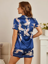 [Dark Blue] SilkSilky-CA Short Sleeve Lapel Collar Women's Pajamas 002