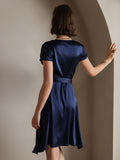 SilkSilky CA 19Momme Silk Short Sleeve V Neck Dress DarkBlue 002