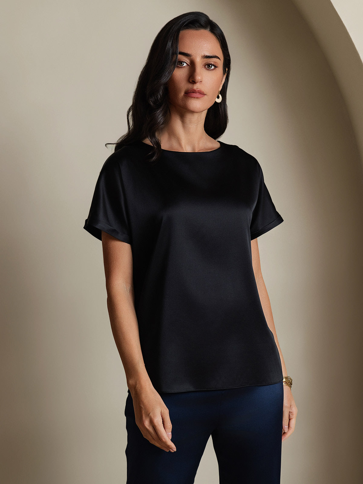 [Black] SilkSilky-CA 19Momme Silk Round Neck Women's T-Shirt 001