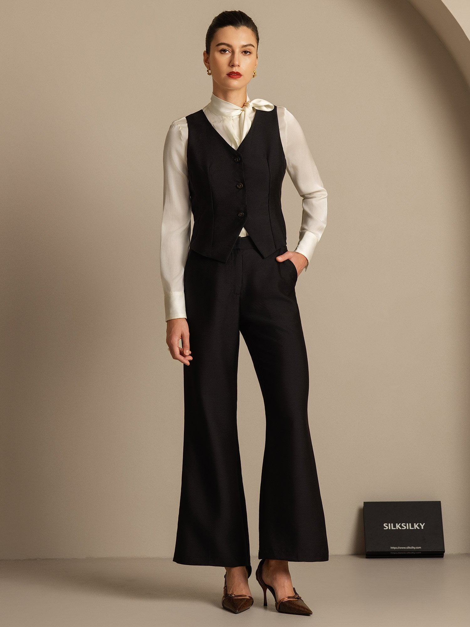 [Black] SilkSilky-CA 32Momme Silk-Wool Blend Womens Pants 006,