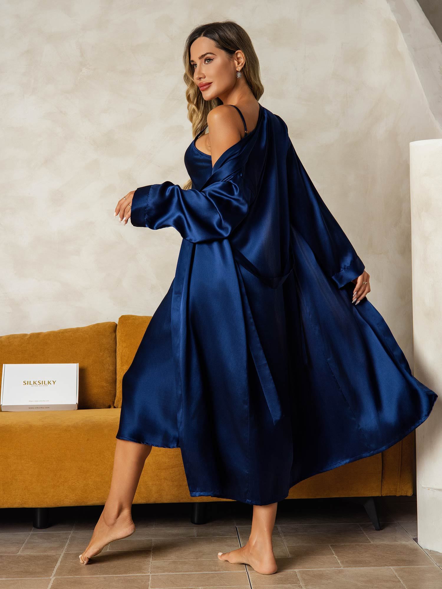 [DarkBlue] SilkSilky-CA Pure Silk V Neck Nightgown&Robe Set 002
