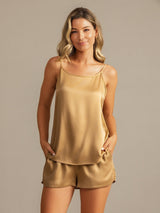 [Tan] SilkSilky-CA 19Momme Machine-Washable Silk Spaghetti Strap Round Neck Camisole Set 007
