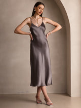 [Dark Khaki] SilkSilky-CA Spaghetti Strap V Neck Dress 001