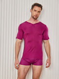 SilkSilky-CA Silk Knitted Short Sleeve V Neck Men's T-Shirt DarkRed 004