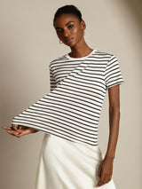 [White Stripe] SilkSilky-CA Short Sleeve Crew Neck Women's T-Shirt 001