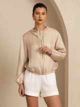[Tan] SilkSilky-CA 18Momme Silk Satin Surah Long Sleeve Stand Collar Women's Outerwear 003