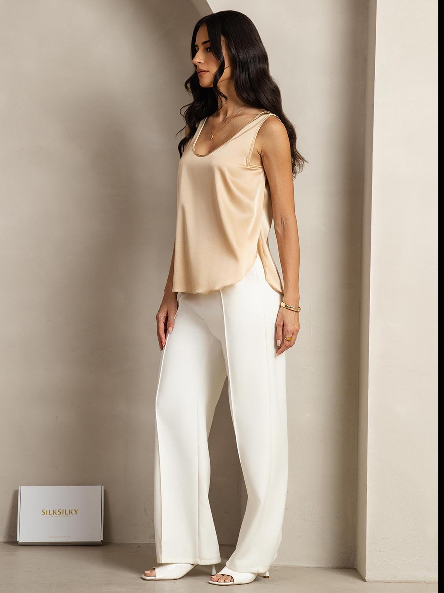 [Champagne] SilkSilky-CA 19Momme Silk U Neck Women's T-Shirt 003