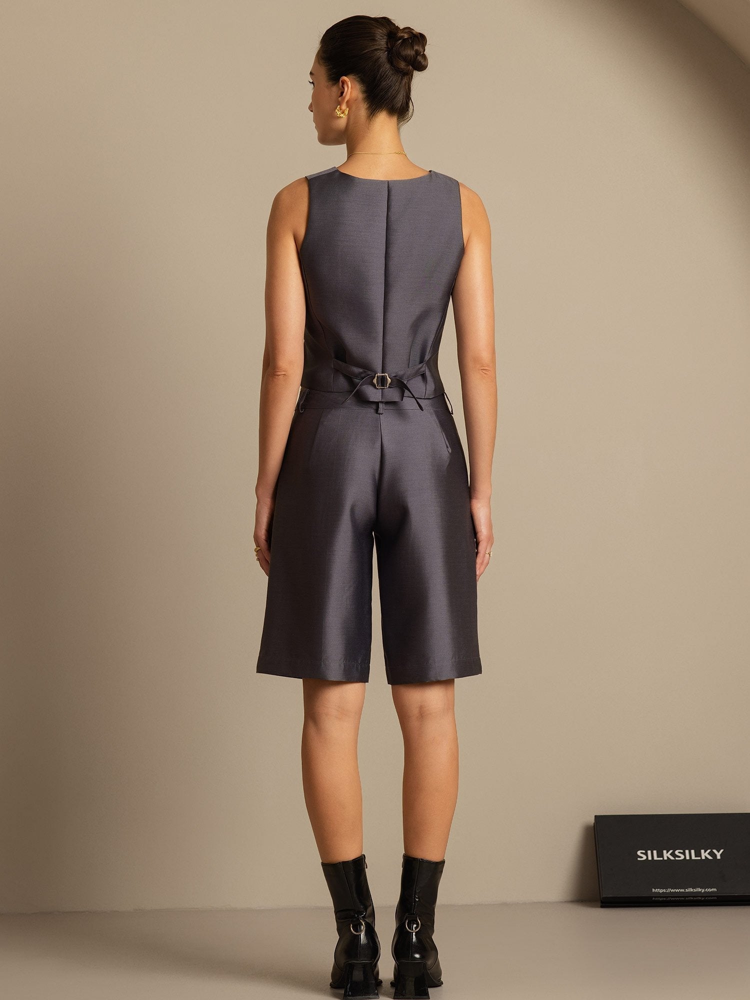 [Gray] SilkSilky-CA 32Momme Silk-Wool Blend V Neck Women's Vest 002,