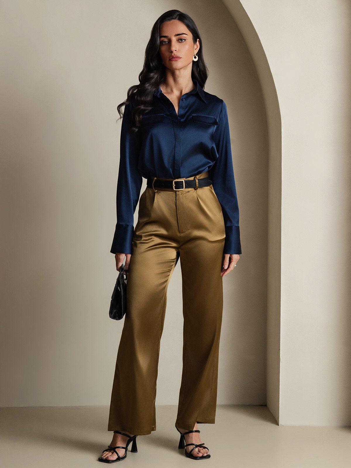 SilkSilky-CA 19Momme Silk Long Sleeve Collar Women's Shirt DarkBlue 008