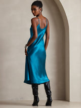 [Teal] SilkSilky-CA Spaghetti Strap V Neck Dress 002