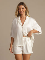 [White] SilkSilky-CA 19Momme Machine-Washable Silk Half Sleeve Notch Collar Women's Pajamas 007