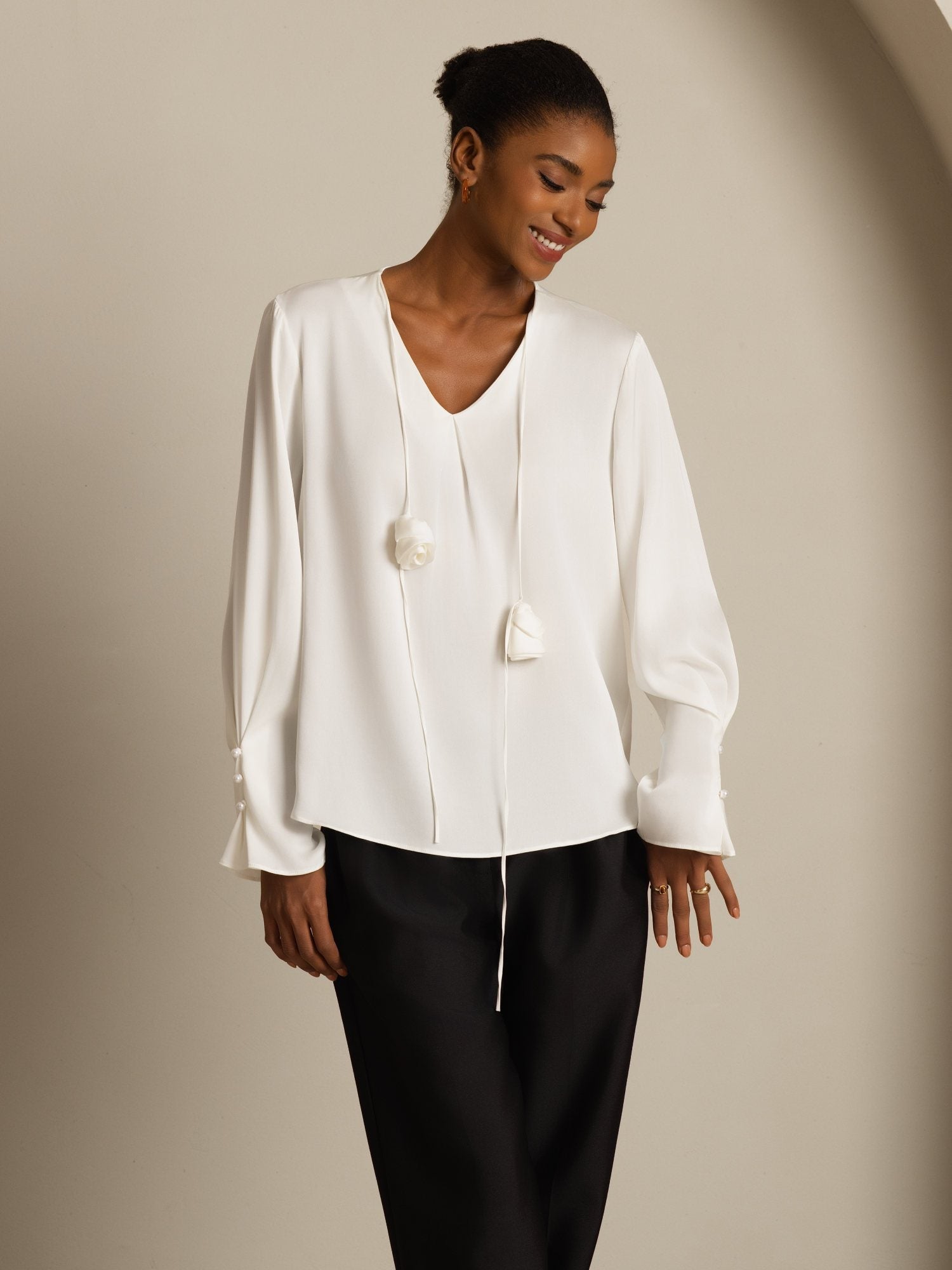 [White] SilkSilky-CA 19Momme Stretch Silk Double Georgette Long Sleeve V Neck Blouse 005