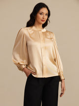 [Champagne] SilkSilky-CA 19Momme Long Sleeve Round Neck Blouse 004