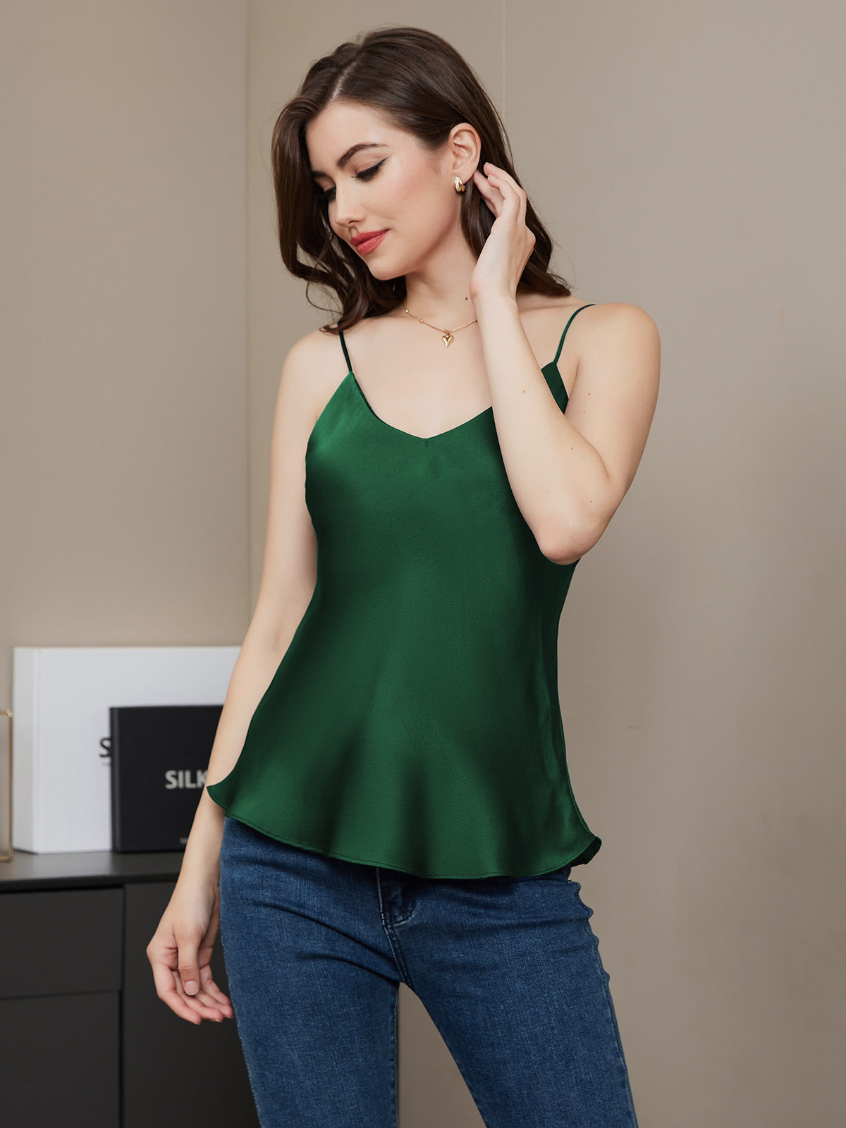 [Dark Green] SilkSilky-CA Pure Silk V Neck Camisole 001