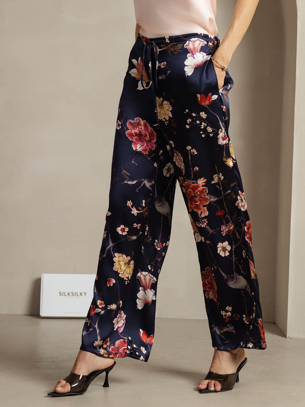 [Navy Floral] SilkSilky-CA 19Momme Silk Womens Pants 003