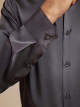 [Dark Gray] SilkSilky-CA 19Momme Stretch Silk Charmeuse Long Sleeve Lapel Collar Men's Shirt 007