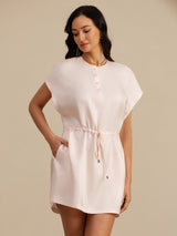 [Pink] SilkSilky-CA 18Momme Silk Satin Surah Cap Sleeve Henley Neck Dress 003