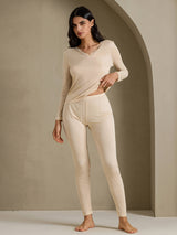 [Beige] SilkSilky-CA Long Sleeve V Neck Women's Long Johns 006