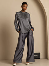 [Dark Gray] SilkSilky-CA 19Momme Stretch Silk Charmeuse Long Sleeve Round Neck Blouse 003