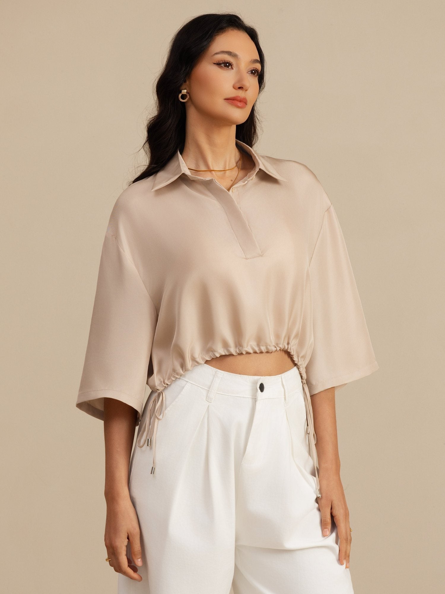 [Tan] SilkSilky-CA 18Momme Silk Satin Surah Half Sleeve Lapel Collar Blouse 001