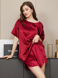 SilkSilky CA Pure Silk Short Sleeve Round Neck Women's Pajamas Wine 005