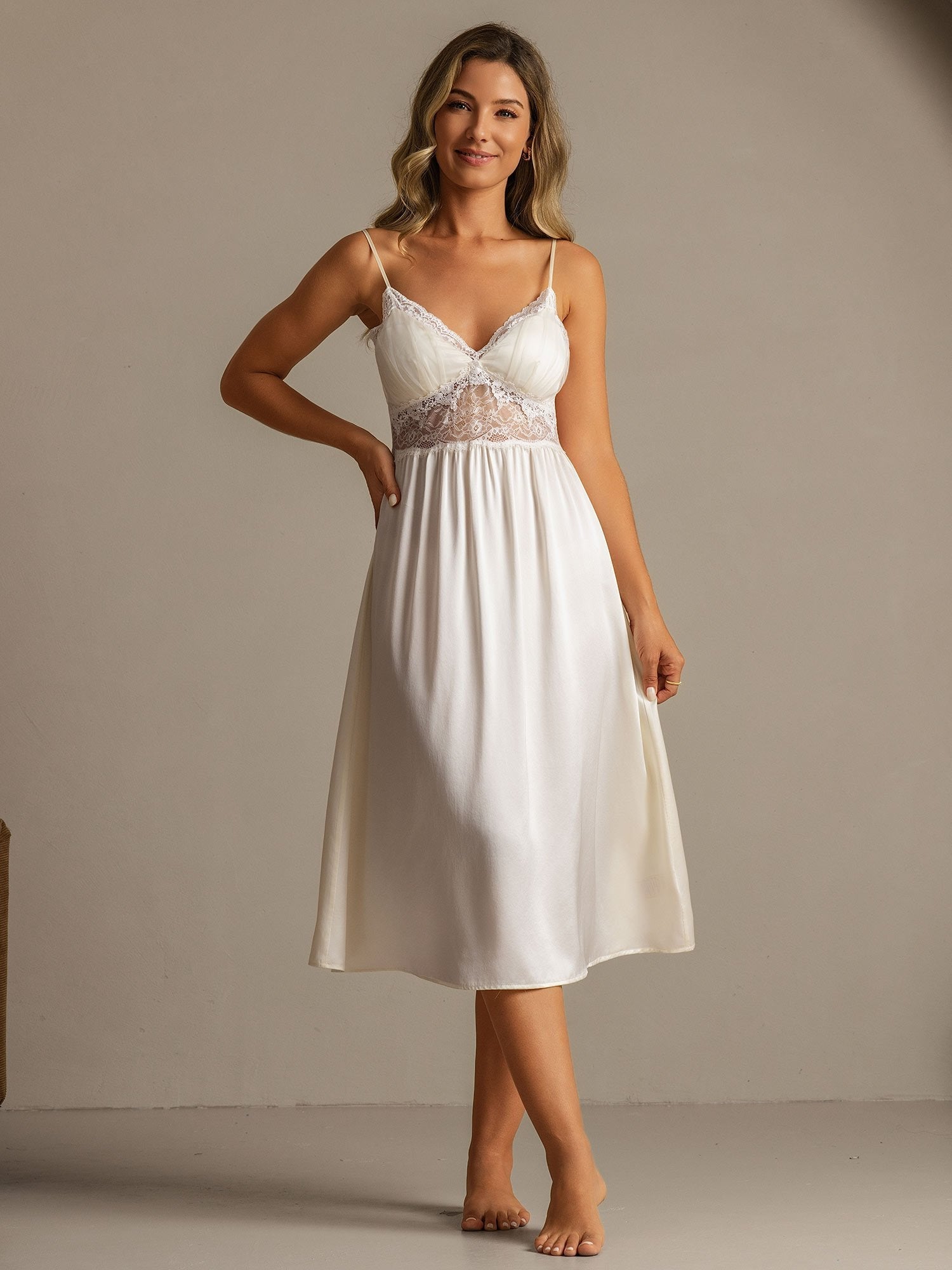 [White] SilkSilky-CA Spaghetti Strap Deep V Neck Nightgown 001