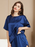 SilkSilky CA Pure Silk Short Sleeve Round Neck Women's Pajamas DarkBlue 003