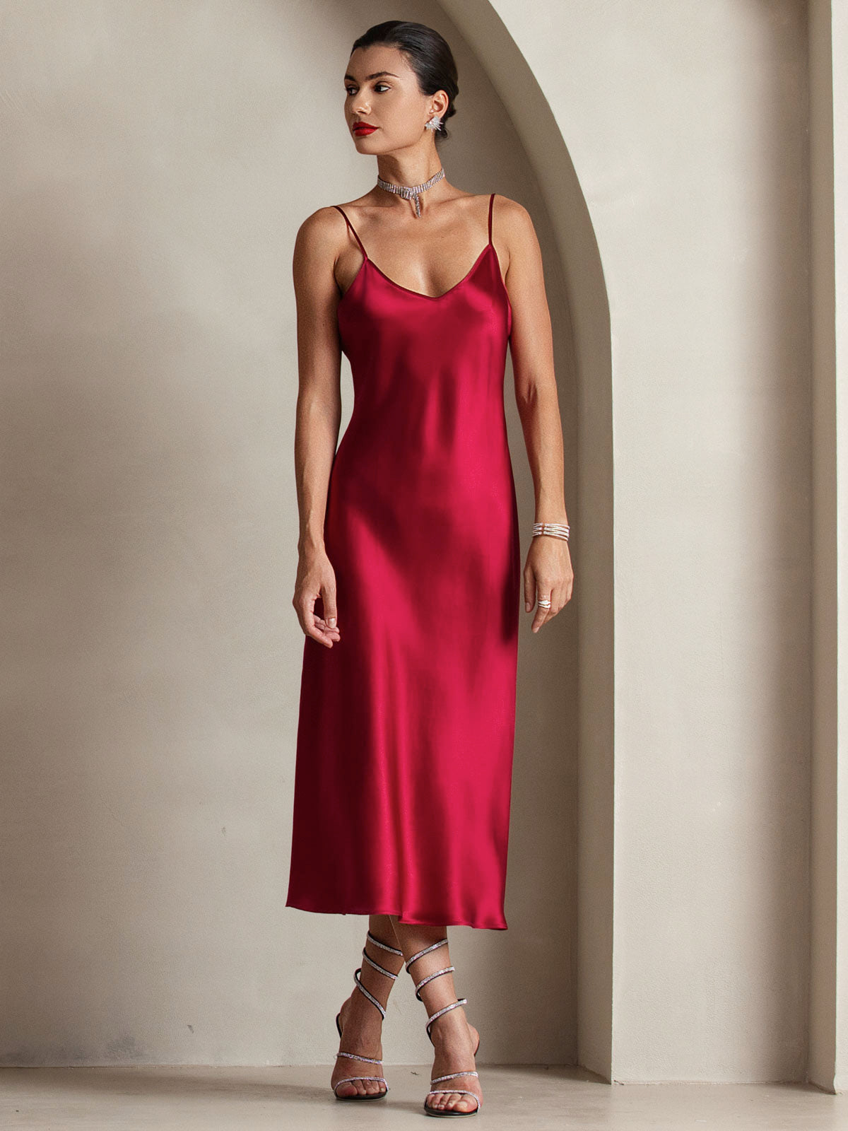 [Wine] SilkSilky-CA Pure Silk Round Neck Dress 005