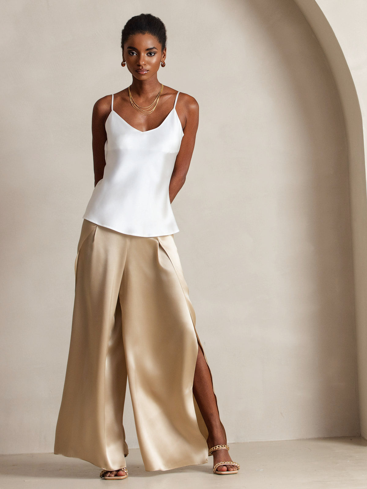 [White] SilkSilky-CA Pure Silk V Neck Camisole 004