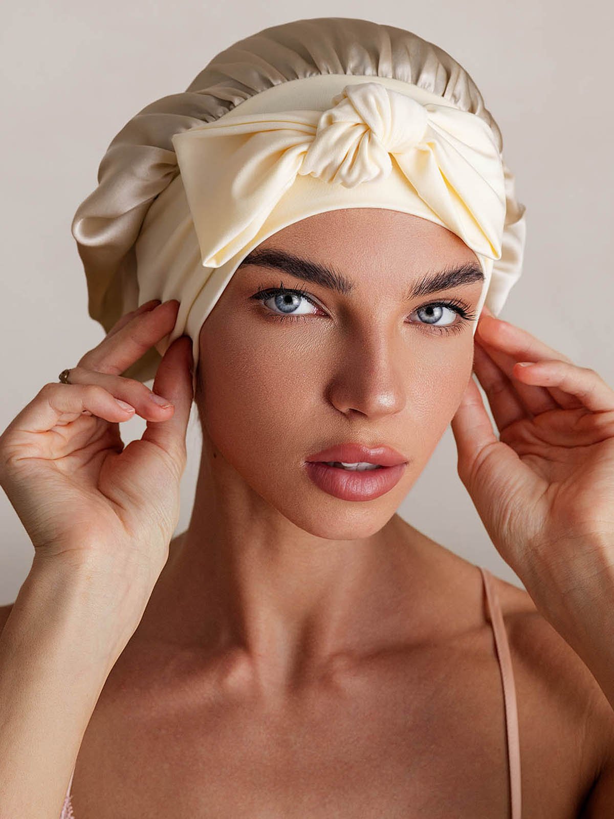 SilkSilky-CA Pure Silk Sleep Cap Beige 003