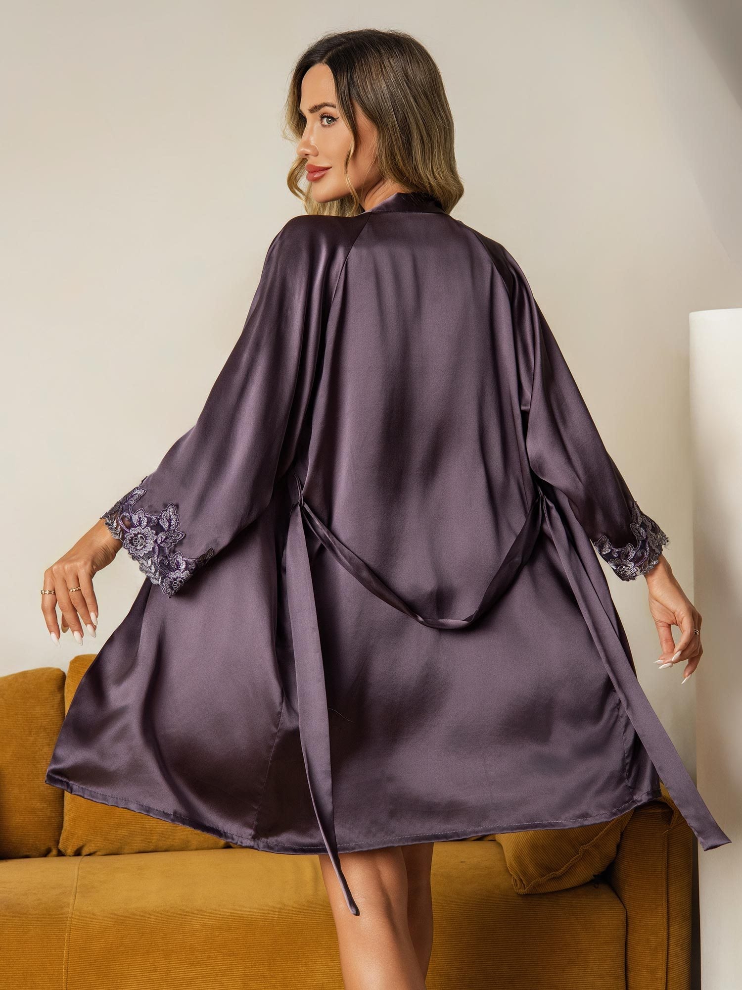 [PurpleGray] SilkSilky-CA Pure Silk Split Nightgown&Robe Set 003