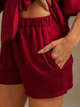 [Wine] SilkSilky-CA 19Momme Machine-Washable Silk Half Sleeve Notch Collar Women's Pajamas 005