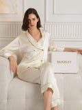 SilkSilky-CA Pure Silk Long Sleeve V Neck Women's Pajamas Beige 005