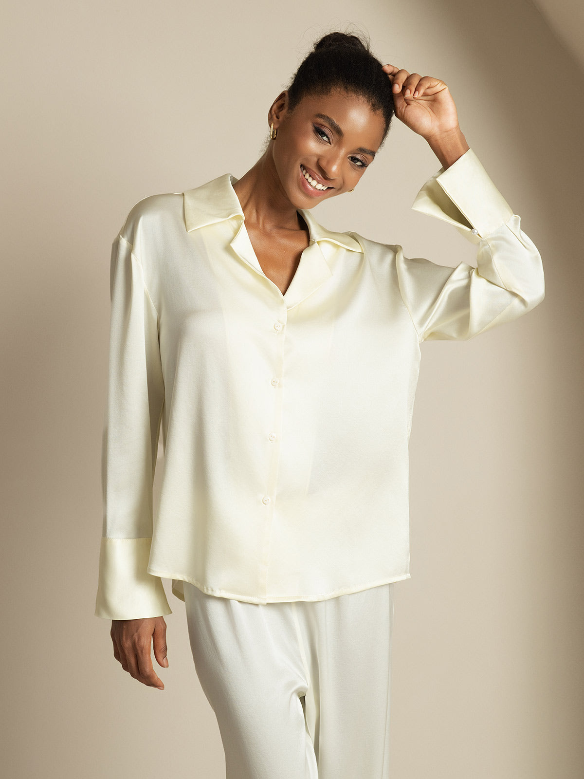 [Ivory] SilkSilky-CA 19Momme Silk Notch Collar Women's Shirt 001