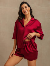 [Wine] SilkSilky-CA 19Momme Machine-Washable Silk Half Sleeve Notch Collar Women's Pajamas 006