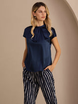 [Dark Blue] SilkSilky-CA Short Sleeve Split Women's Blouse 004
