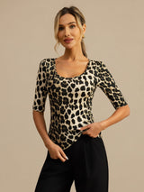 [Leopard] SilkSilky-CA 100% Silk Jersey Half Sleeve Scoop Neck Women's T-Shirt 001