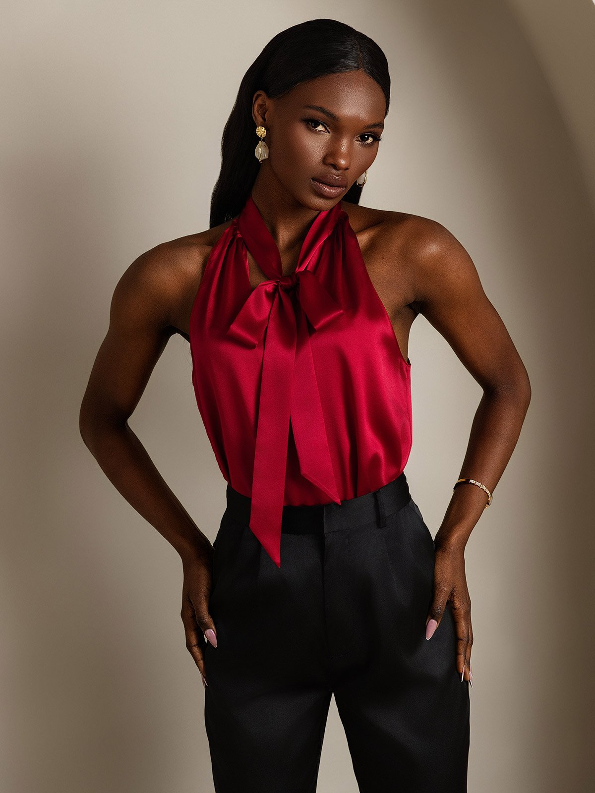 SilkSilky-CA 19Momme Silk Sleeveless Tie Neck Women's Shirt Wine 004