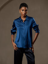 [Teal] SilkSilky-CA 19Momme Stretch Silk Charmeuse Long Sleeve Lapel Collar Women's Shirt 001