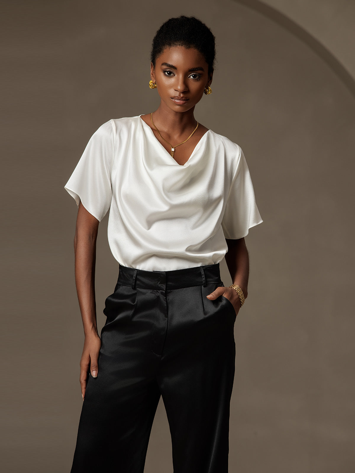 [White] SilkSilky-CA 19Momme Silk Short Sleeve Cowl Neck Blouse 004